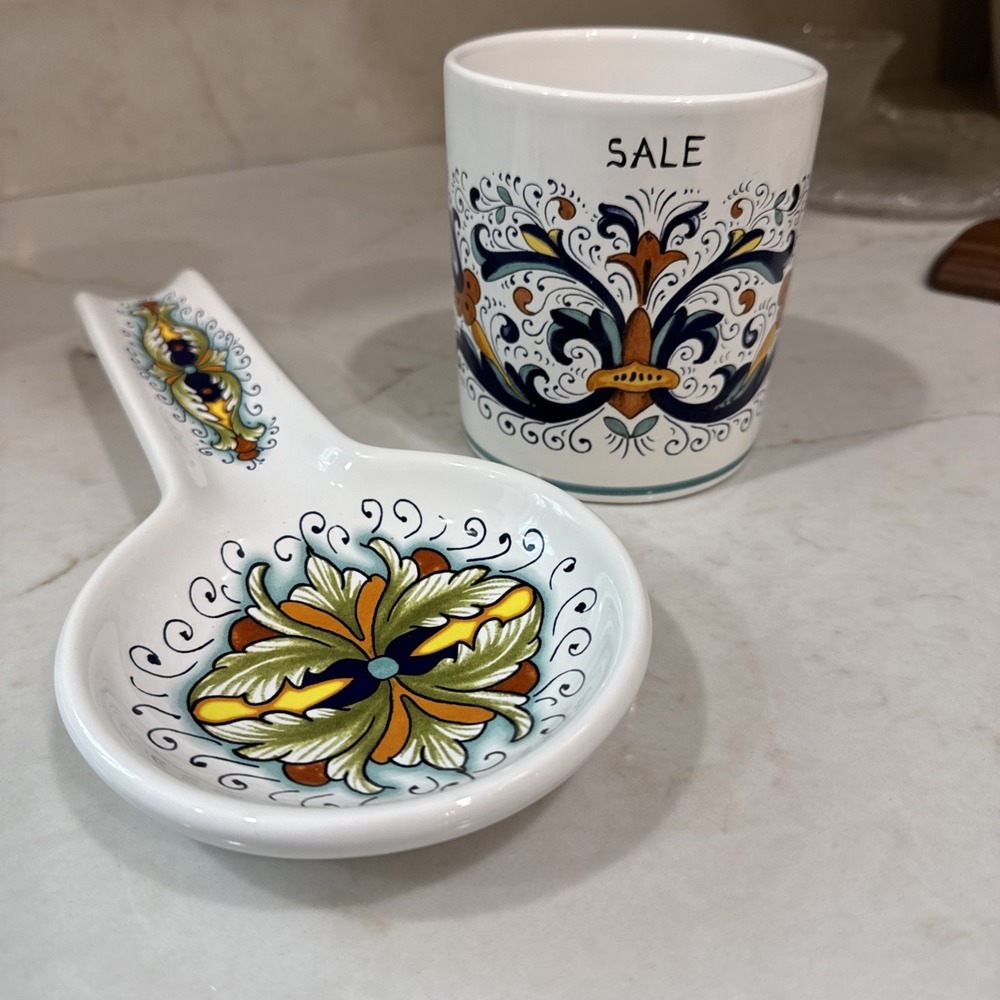 Nova Deruta Spoon Rest And Crock  Made In Italy Hand painted